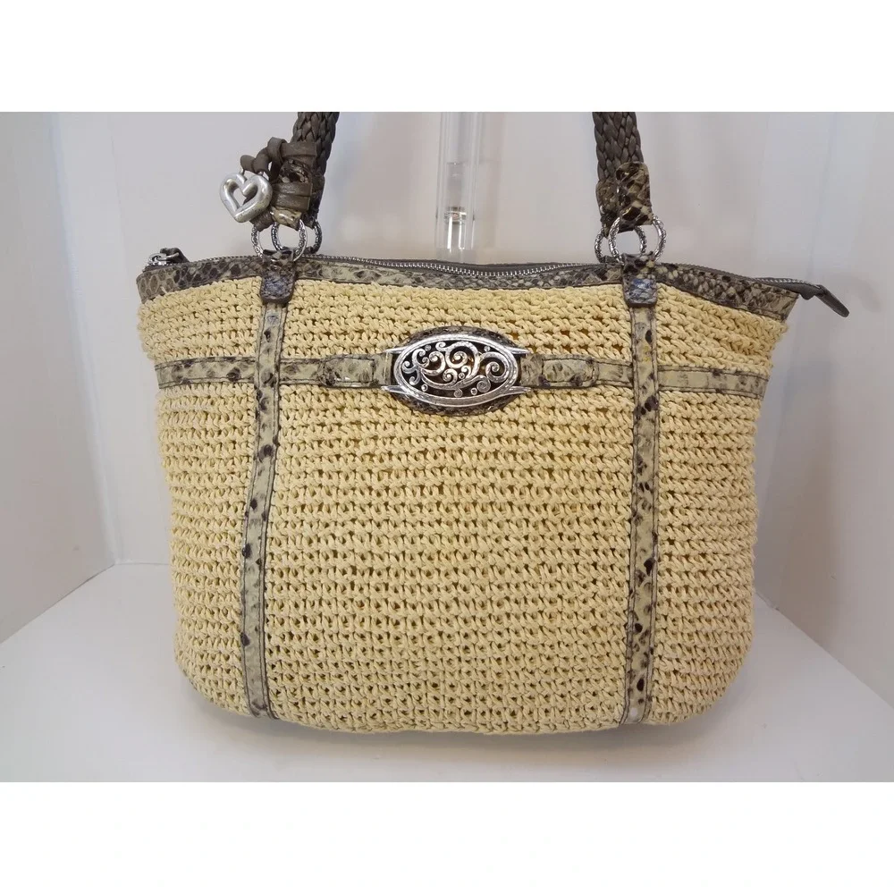 Brighton Straw Tote Bag Large Beige Excellent Snakeskin Trim Filigree